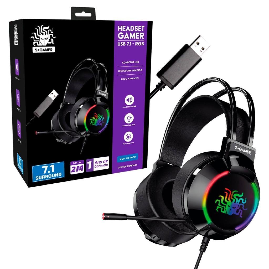 Headset Fone Gamer 7.1 Led Rgb Mic Usb Ajustável Cabo 2 Mts