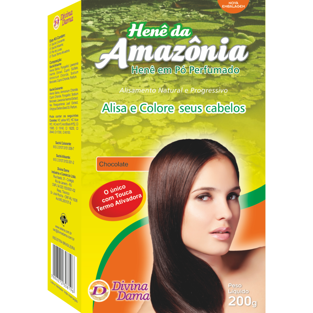 Henê Em Pó Amazônia Chocolate Divina Dama 200gr - HENÊ EM PÓ PERFUMADO - EFEITO LISO NATURAL - Henê Chocolate - Henê Amazônia Chocolate - Alisante para cabelos, Seus Cabelos Lisos sem Formol e sem Chapinha