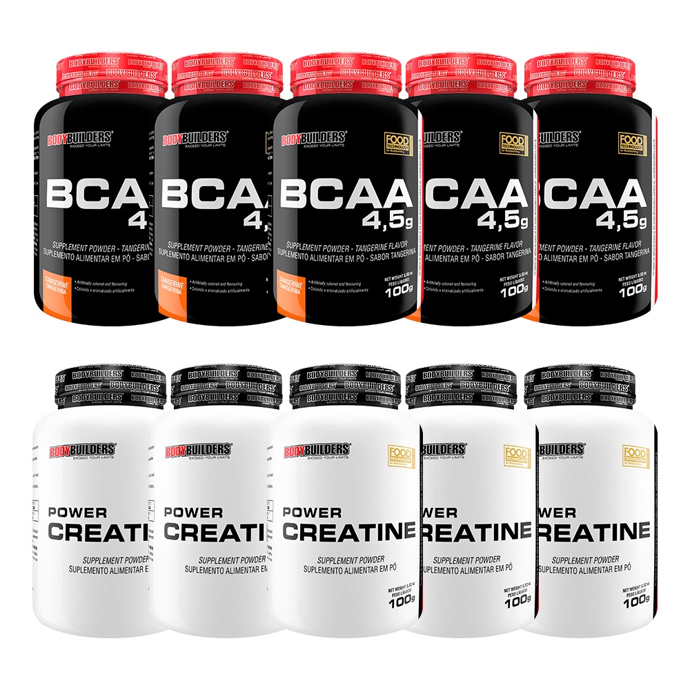 Kit 5x BCAA 4.5 Sabor Tangerina 100g + 5x POWER Creatina 100g - Bodybuilders