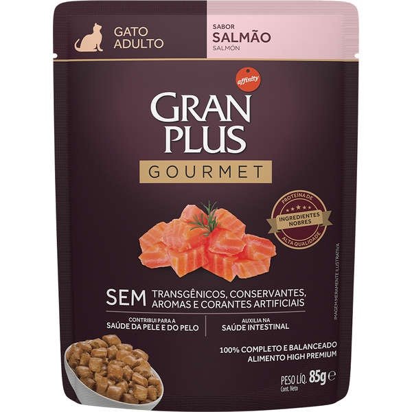 Ração Úmida Gran Plus Sachê Gourmet Salmão Gatos Adultos caixa com 18 unidades