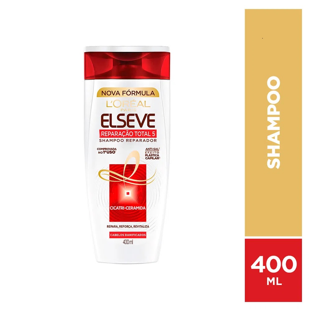 Shampoo Elseve Reparação Total 5 Loreal Paris 400ml Plástica Capilar Cabelos Danificados Cicatri-Ceramida Anti-Sal