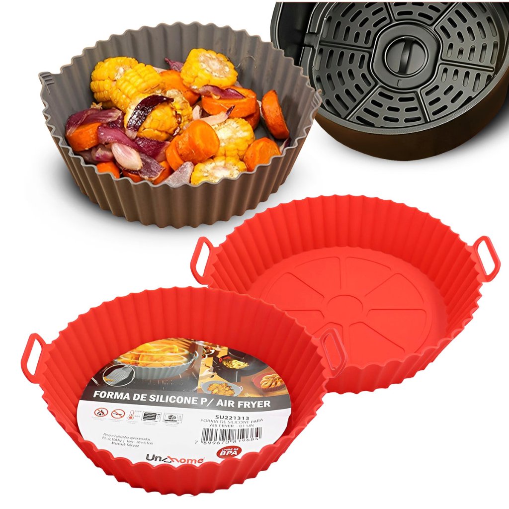 Tapete Redondo Cesto Silicone Para Air Fryer Reutilizável Com Alça Bandeja Fritadeira