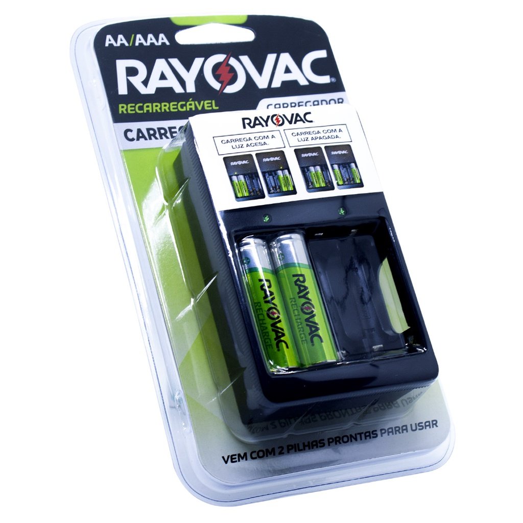 01 Carregador PS132 e 02 Pilhas Rayovac AA Pequena 1350mah 2A Recarregável 1 Cartela