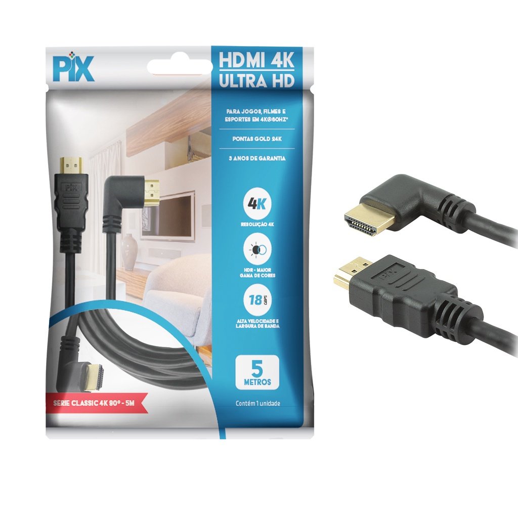 Cabo Hdmi em L 5 Metros Blindado 2.0 19p 4k Ultrahd 3d Hdr