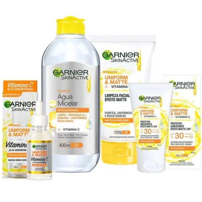 Monte Seu Kit Garnier Uniform e Matte Vitamina C Serum, Hidratante, Gel de Limpeza e Água Micelar Kit Garnier