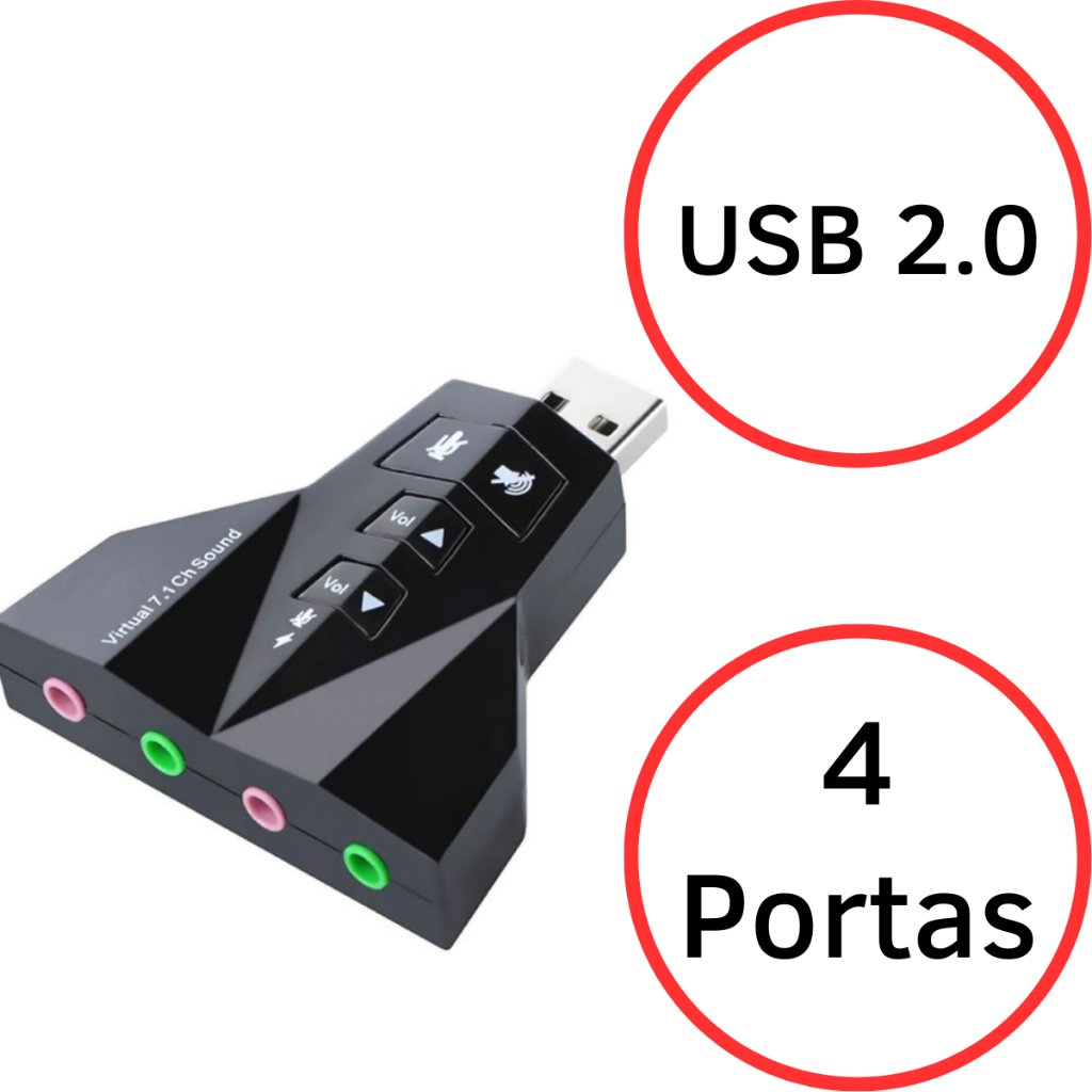 Placa De Som 4 Portas Externa 7.1 Entrada P/ 2 Fones e 2 Microfones USB P2 Com NFe