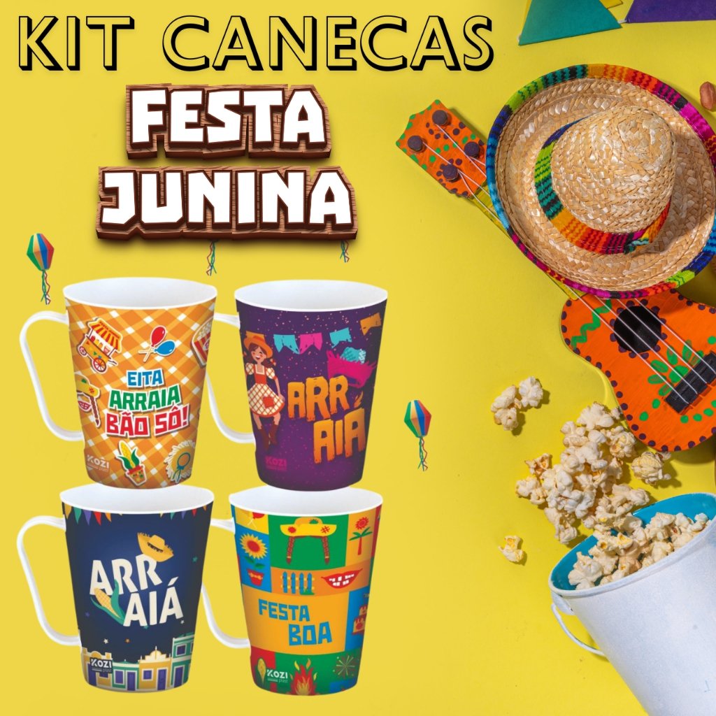 Kit Com 20 e 30 Canecas Decoradas Plástico 430ml Festa Junina São João Atacado Revenda Vinho Quente Quentão Caipira BPA FREE micro-onda, Freezer e Lava-louças Sortidas