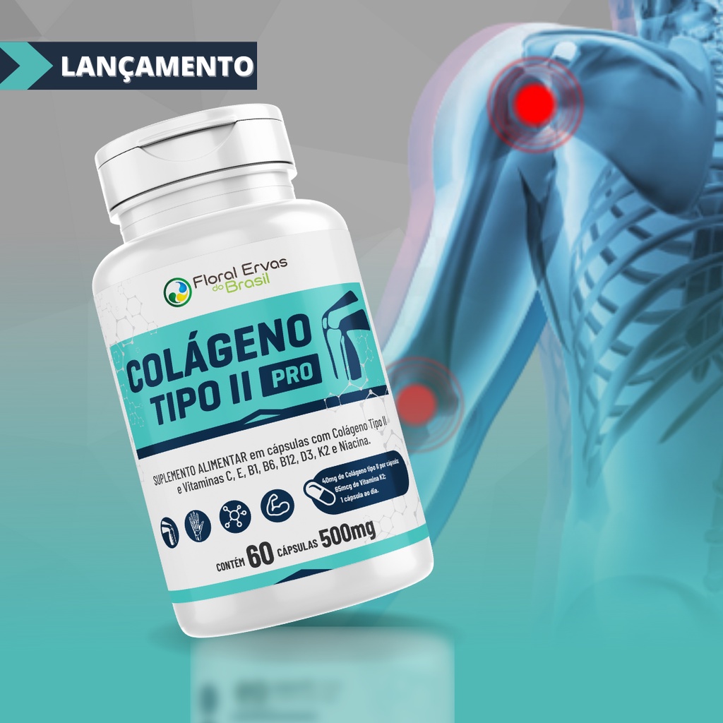 Colágeno Tipo II 2 60 Cápsulas 500mg 1 Cáp/Dia - Melhora as Articulações