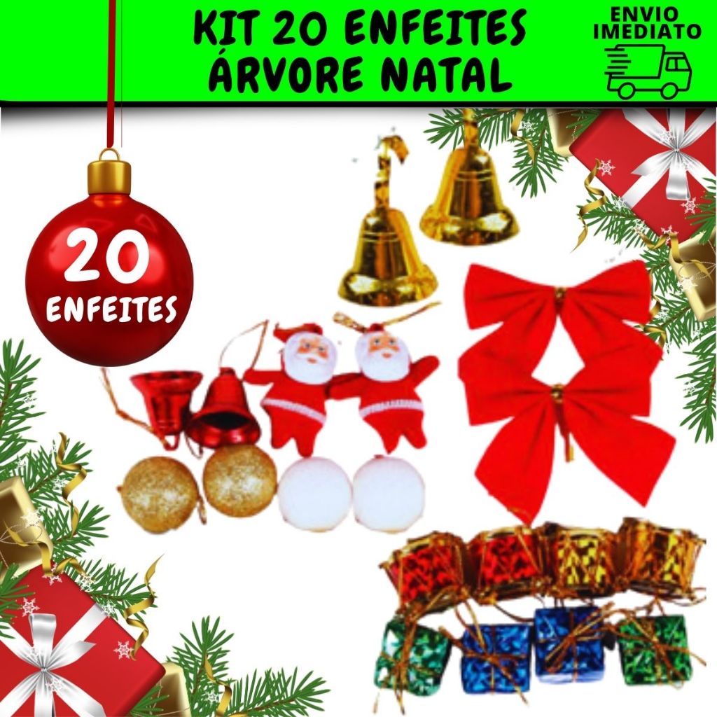 Enfeites de Natal Completo Kit Com 20 Itens Laço Papai Noel Presentes Tambor Bolinhas Decoração Arvore Pequena