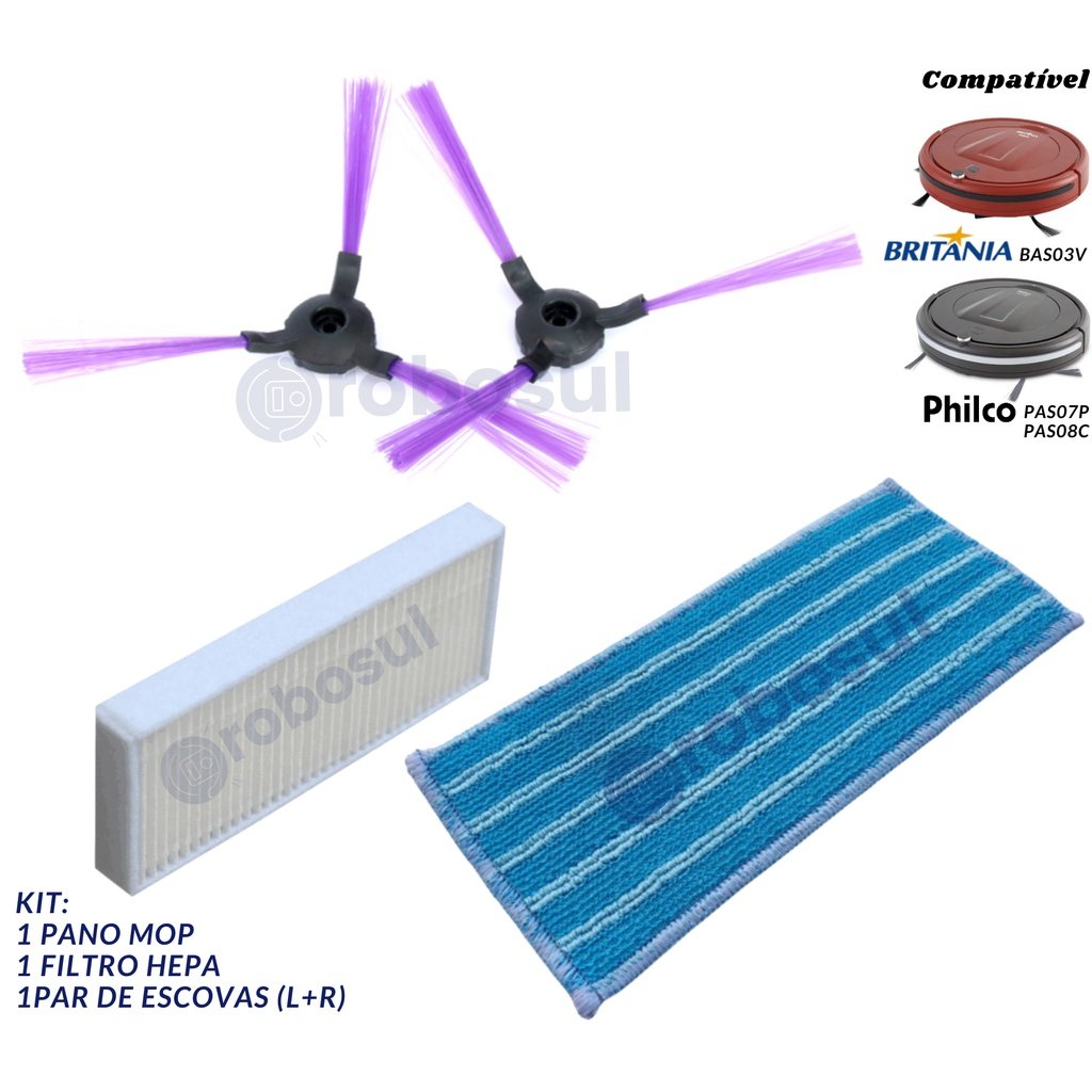 Escovas, Filtro e Mop Para Robô Britânia BAS03V e Philco PAS07P e PAS08C