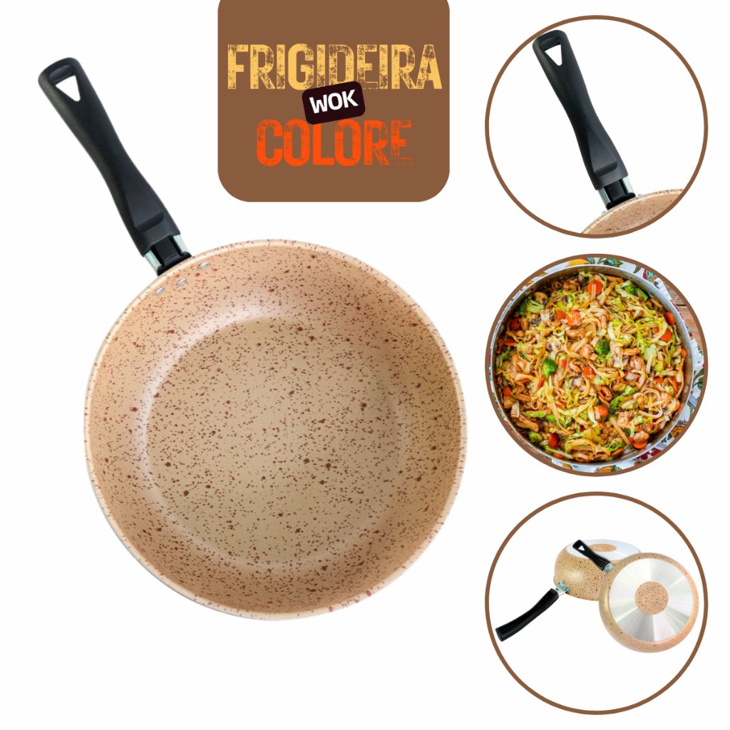 Frigideira Panquequeira Colore WOK Bege Stone Ótima p/ Culinária Asiática Stir-frys Grelhar Legumes Frango Panquecas Ome