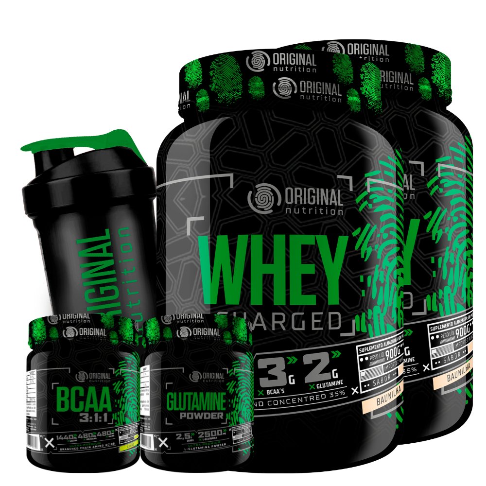 Kit 2x Whey Charged + Glutamina + Bcaa + Shaker - Original