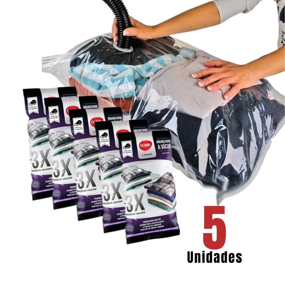 Kit 5 Sacos a Vácuo 70 x 110cm Clink para Roupas Mala Cobertor Organização Guarda Roupa