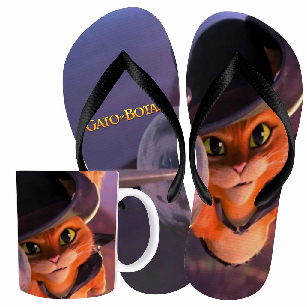 Kit Chinelo e Caneca de Porcelana Gato de Botas espada, Presente Temático Filme Desenho Adolescente, Adulto e Infantil Masculino