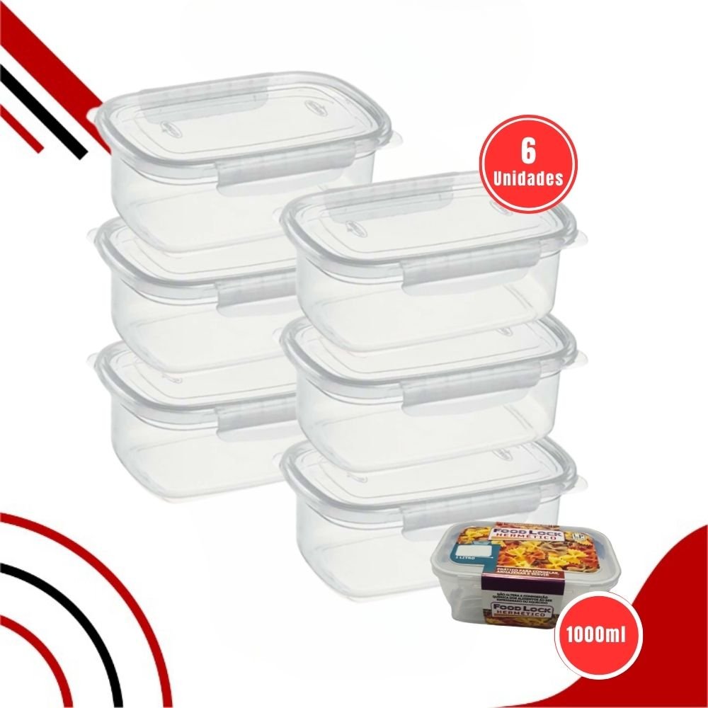 Kit Marmitas Fitness 1000ml Hermético Para Freezer E Microondas Potes Hermético Plástico com Trava