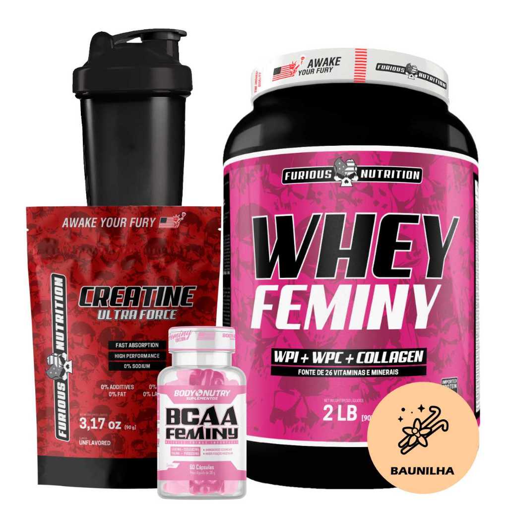 Kit Suplemento - Whey Protein Feminino + Creatina Ultra Force 90g + BCAA Feminino + Coqueteleira 600ml