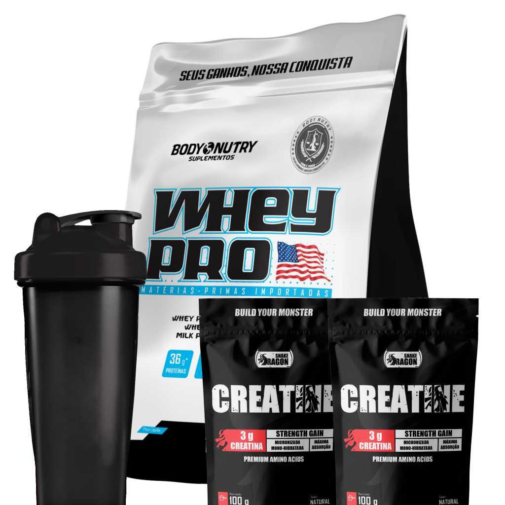 Kit Whey Protein 900g + x2 Creatina 100g + Coqueteleira