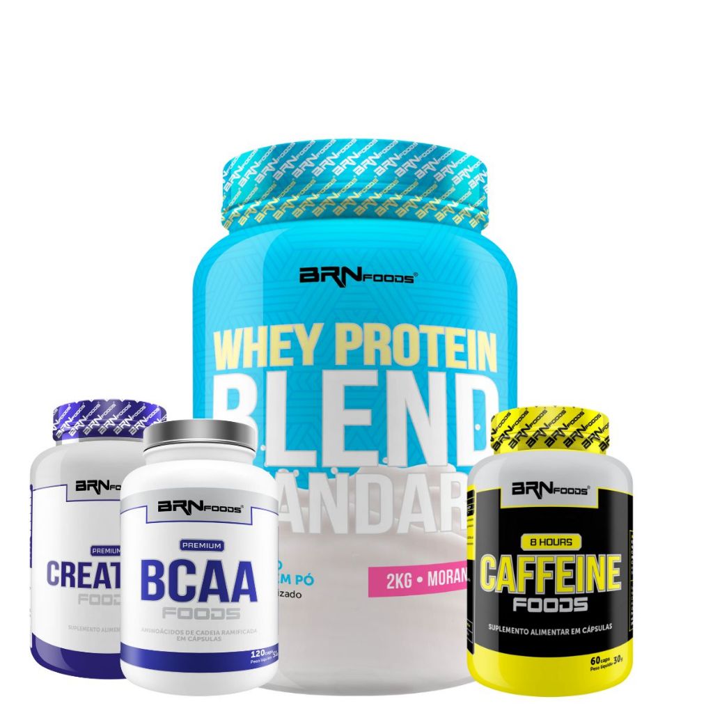 Kit Whey Protein Blend 2kg + Creatina 300g + Bcaa 120 Cáps + Cafeina 8 Hours 60 cáps - BRN Foods