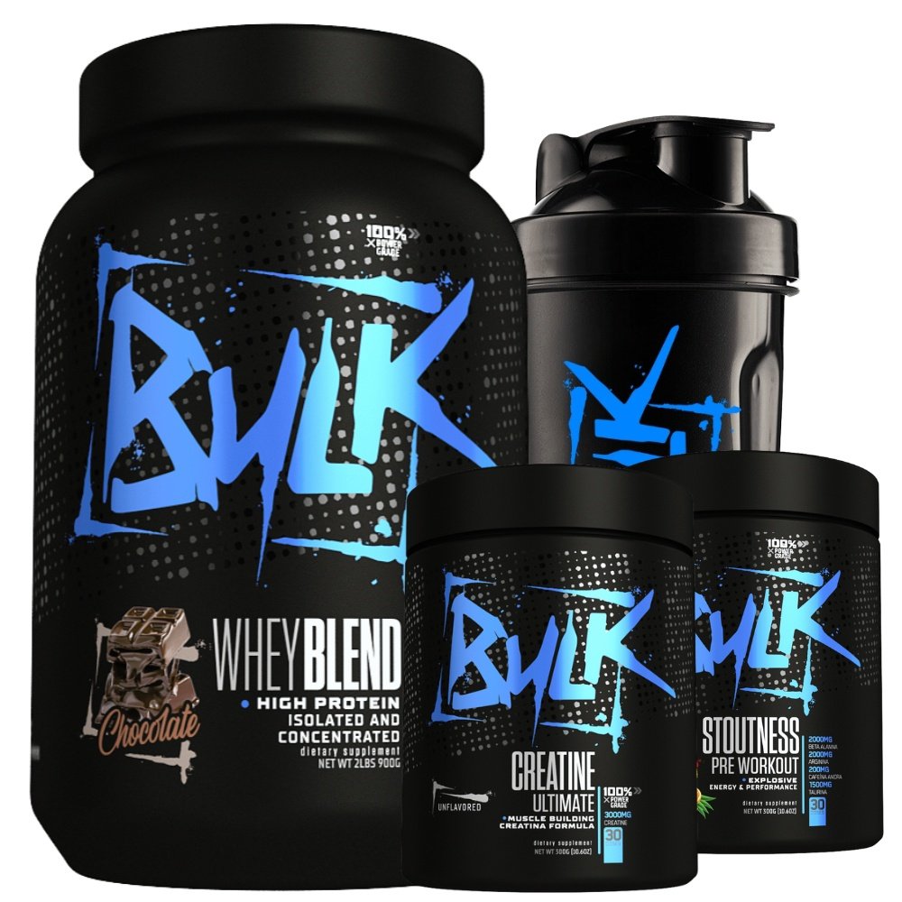 Kit Whey Protein Isolado Concentrado Hidrolisado Blend 900g + Creatina Monohidratada 100% Power Grade 300g + Pré Treino Stoutness 300g + Coqueteleira Shaker Academia - Kit de Suplementos para Massa Muscular