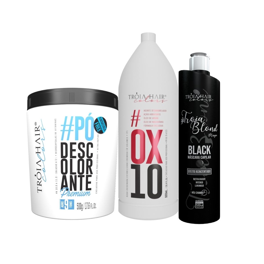 Loiro acinzentado - Troia Hair ox 10+ pó descolorante+ matizador