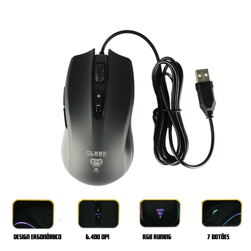 MOUSE COM FIO MOUNT CL-MM046 PRETO/LED/6400DPI/7D 1,5M